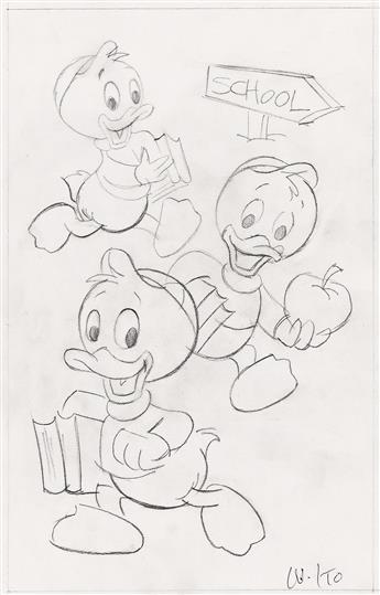 WALT DISNEY STUDIOS / WILLIE ITO (1934 - ) Scrooge McDuck and Duck Nephews, 2 preliminary illustrations.